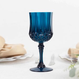 6-Pack Transparent Plastic Crystal Cut Wine Glasses 8oz, Navy Blue - Shatterproof Cocktail Goblets